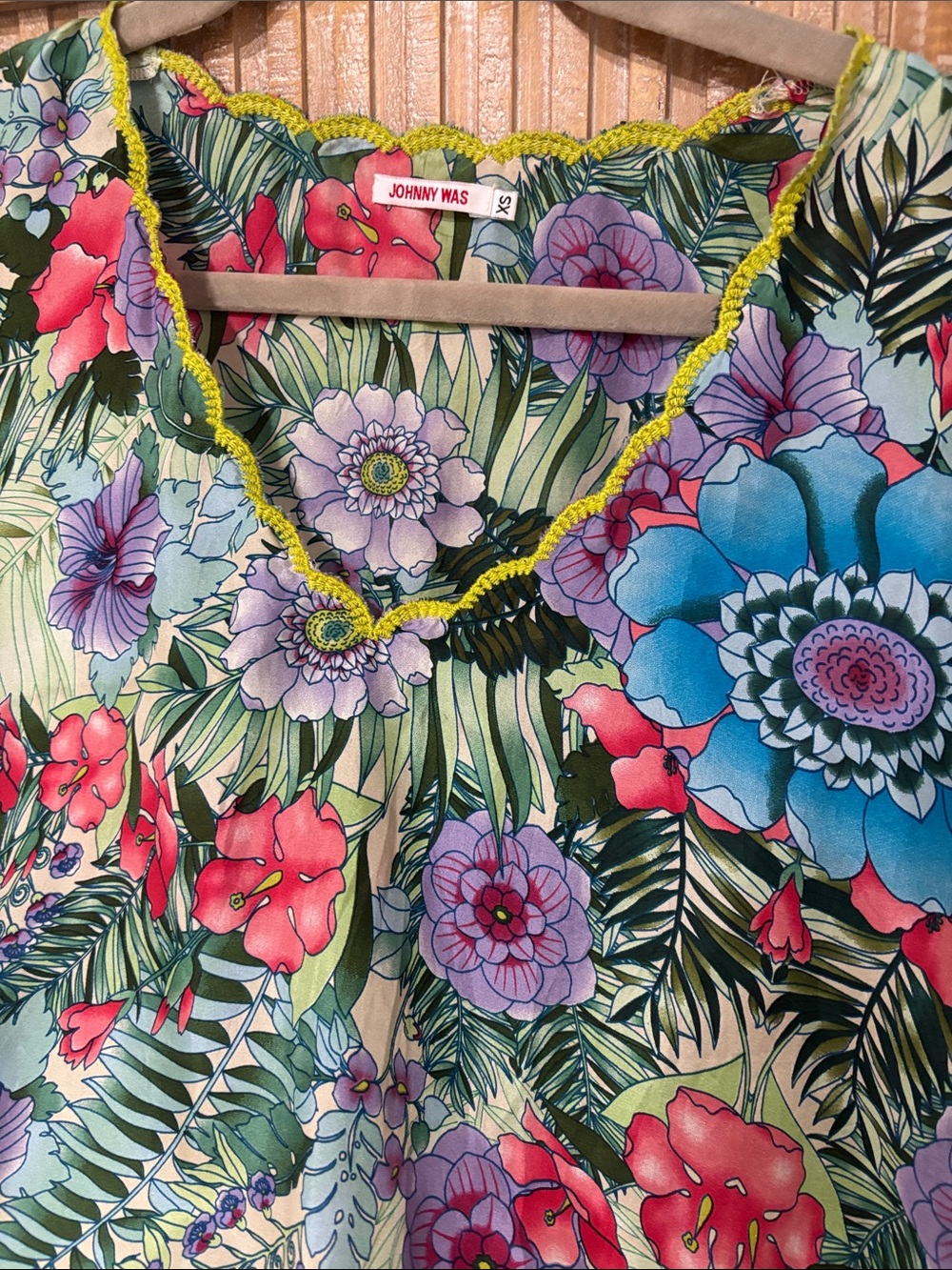 Johnny Was Tropical Floral V-Neck Blouse in Green, Blue, Pink & Yellow